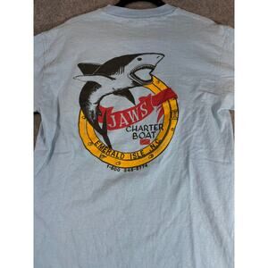 VINTAGE Jaws Charter Boat Shirt Mens Blue Shark Graphic Tee Single Stitch Large